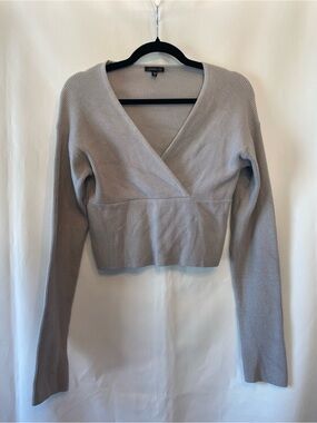 Dynamite Women's Ribbed Wrap V-Neck Long Sleeve Crop Sweater Taupe XS Minimalist